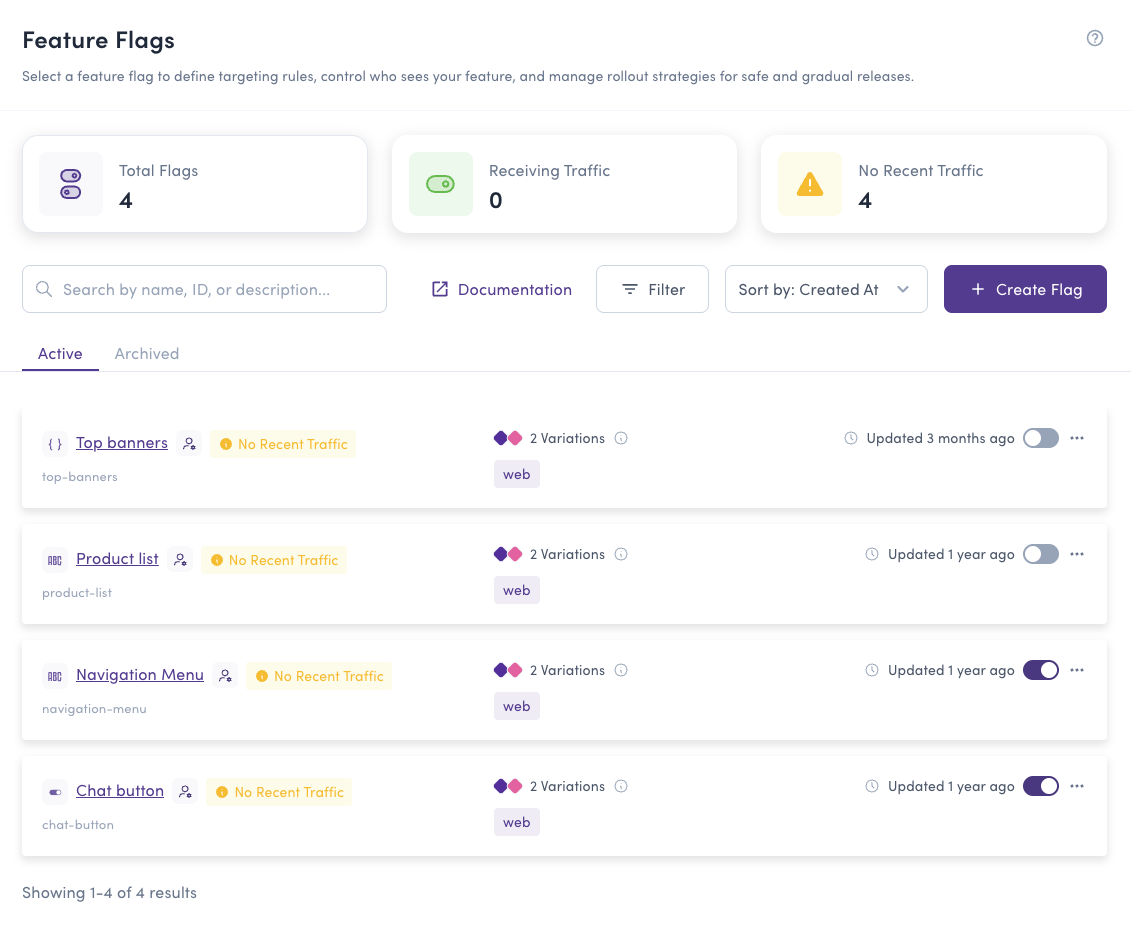 Feature flag list showing traffic status indicators including No Recent Traffic