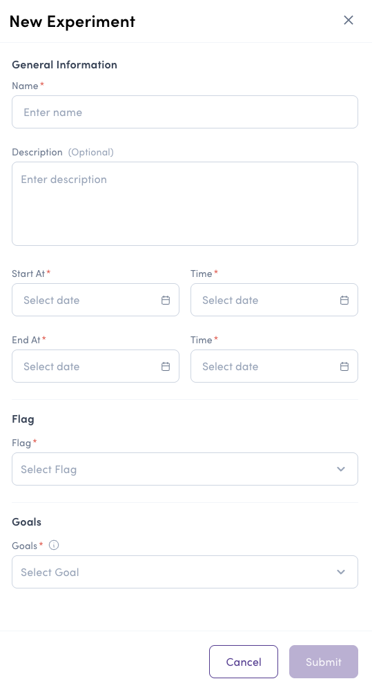 Experiment creation form
