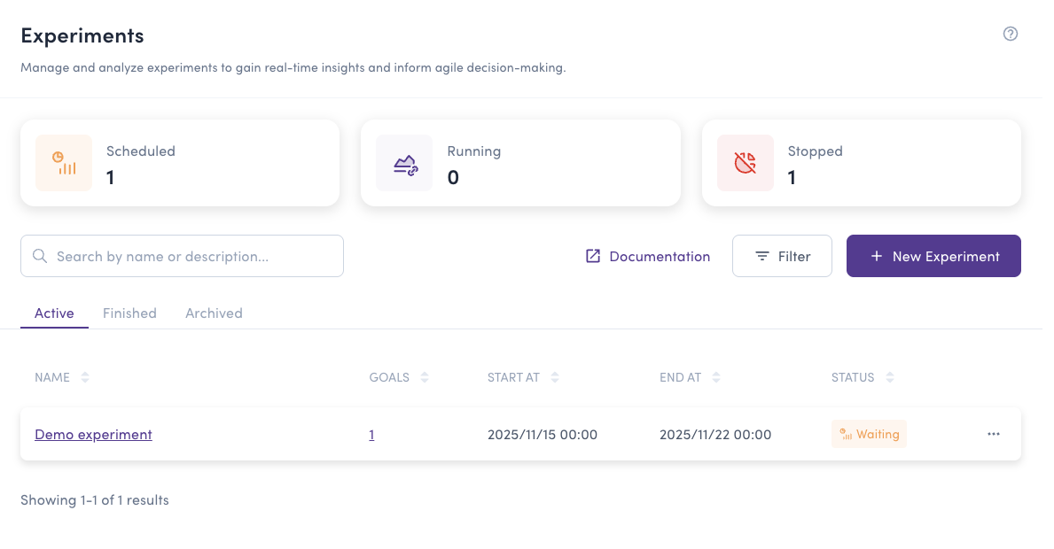 Experiment list showing different experiment states