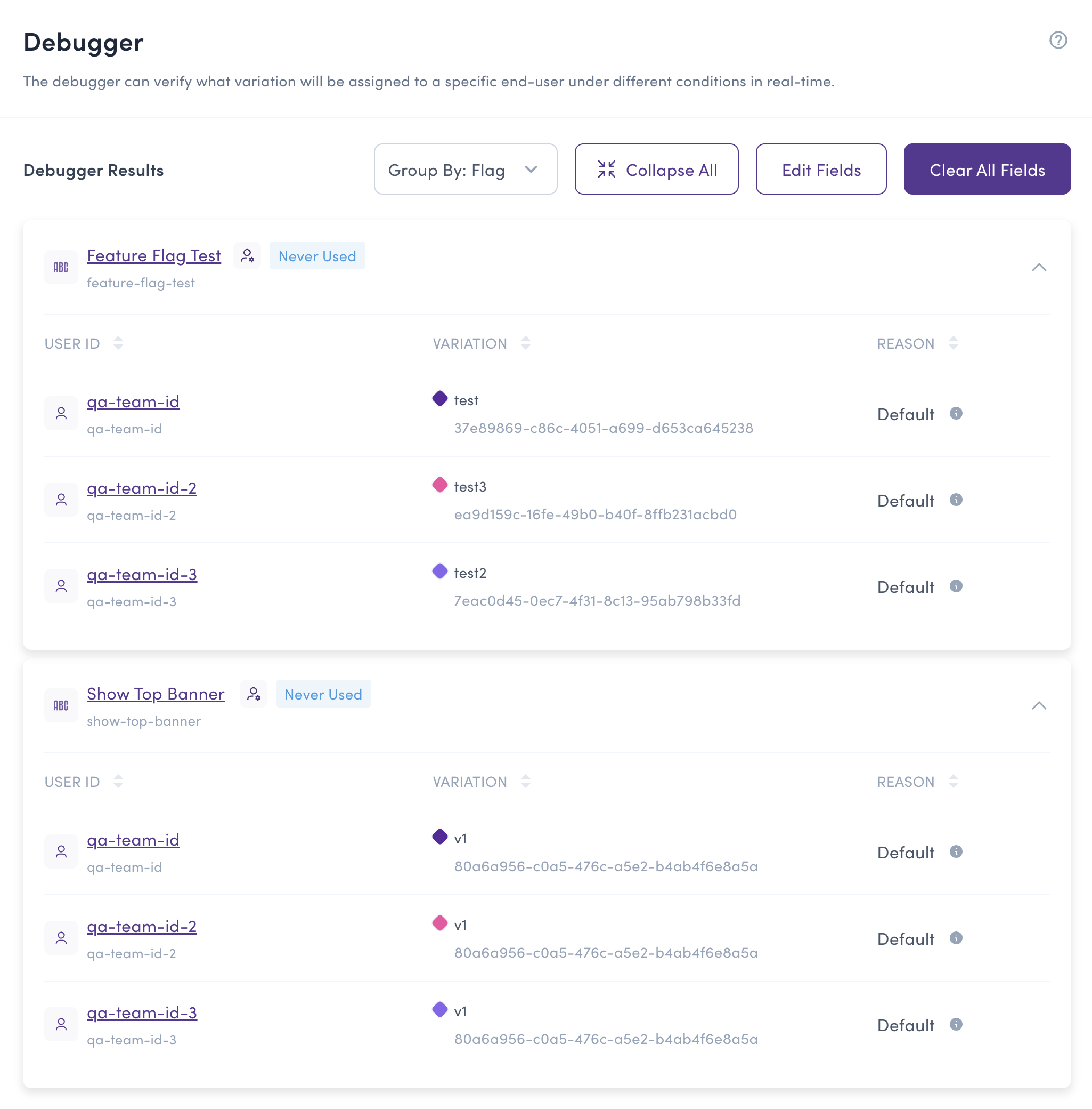 Debugger results grouped by flag showing user evaluations for each feature flag