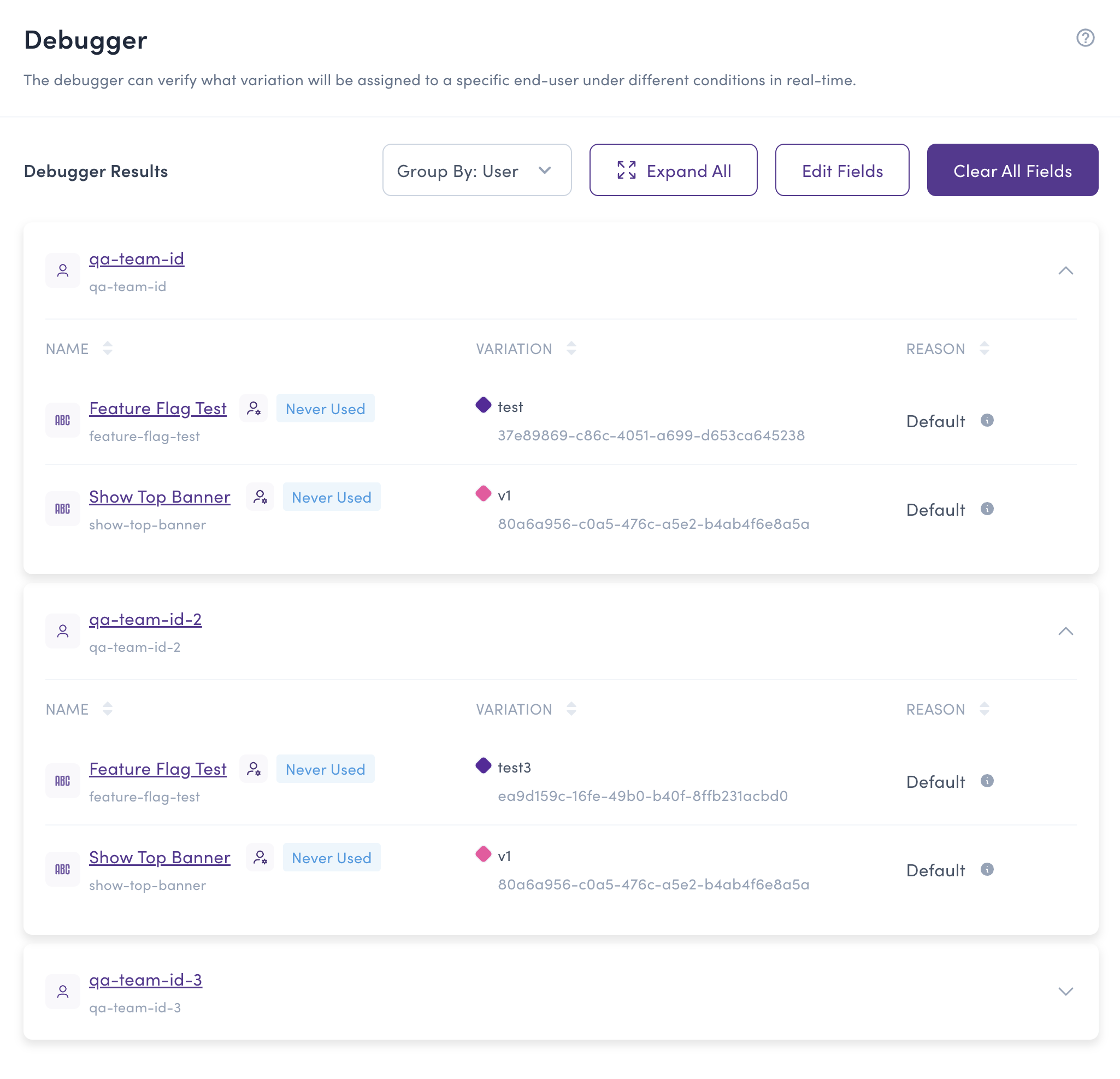 Debugger results grouped by user showing flag evaluations for each individual user