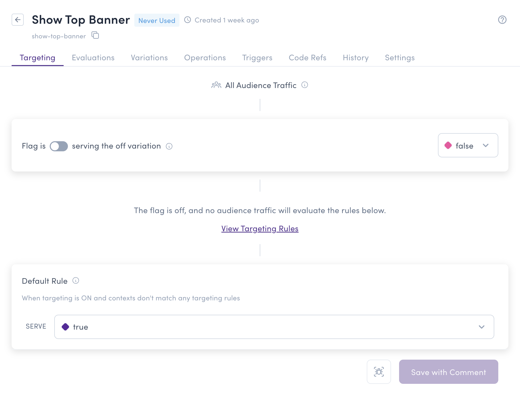Debugger button located at the bottom right of the Targeting tab, next to Save with Comment button