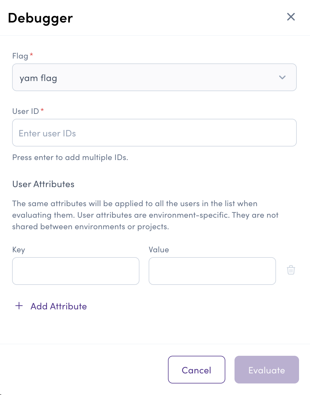 Debugger modal opened from Targeting tab with the current flag pre-selected