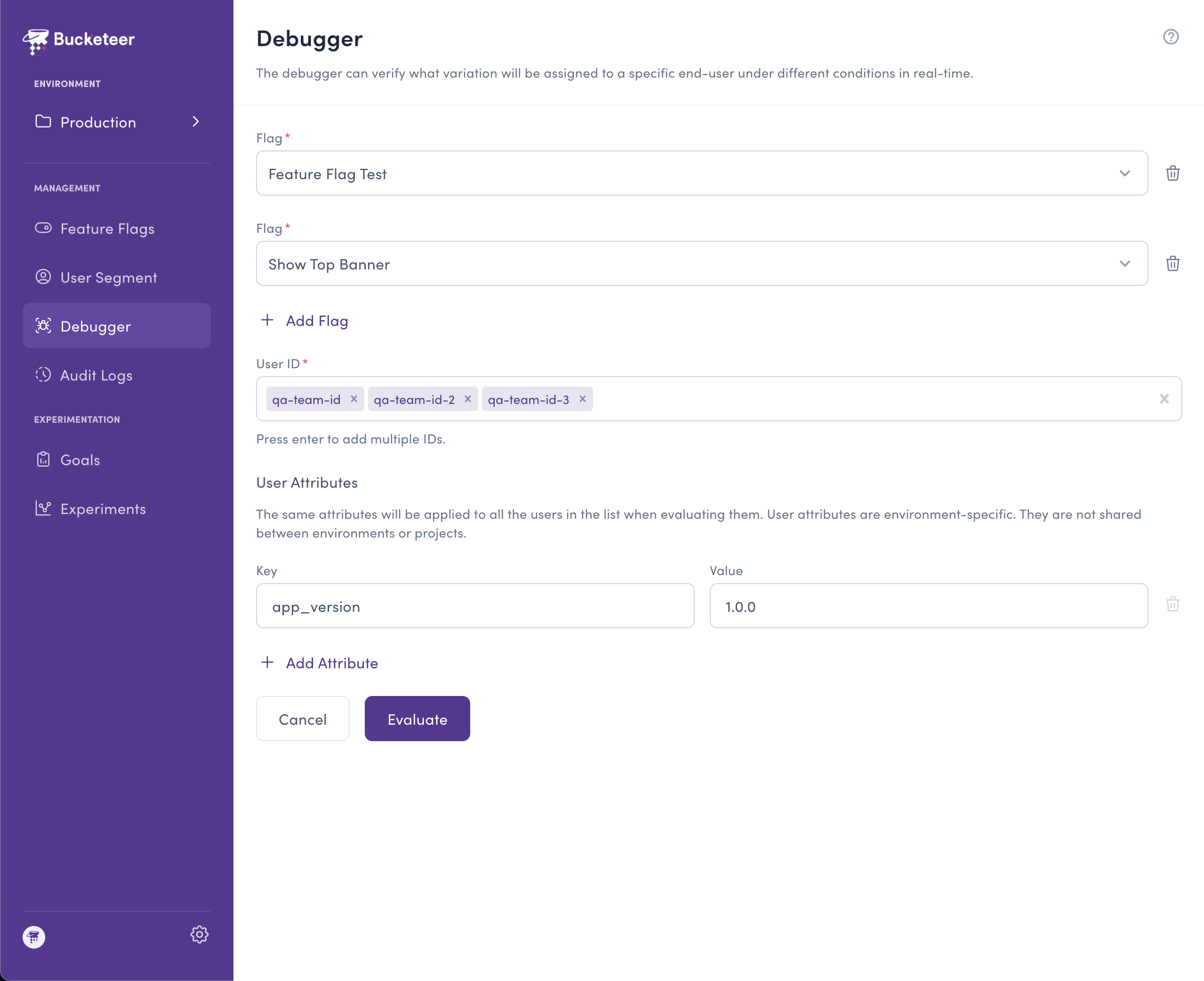Debugger interface showing flag selection, user ID input, and user attributes configuration