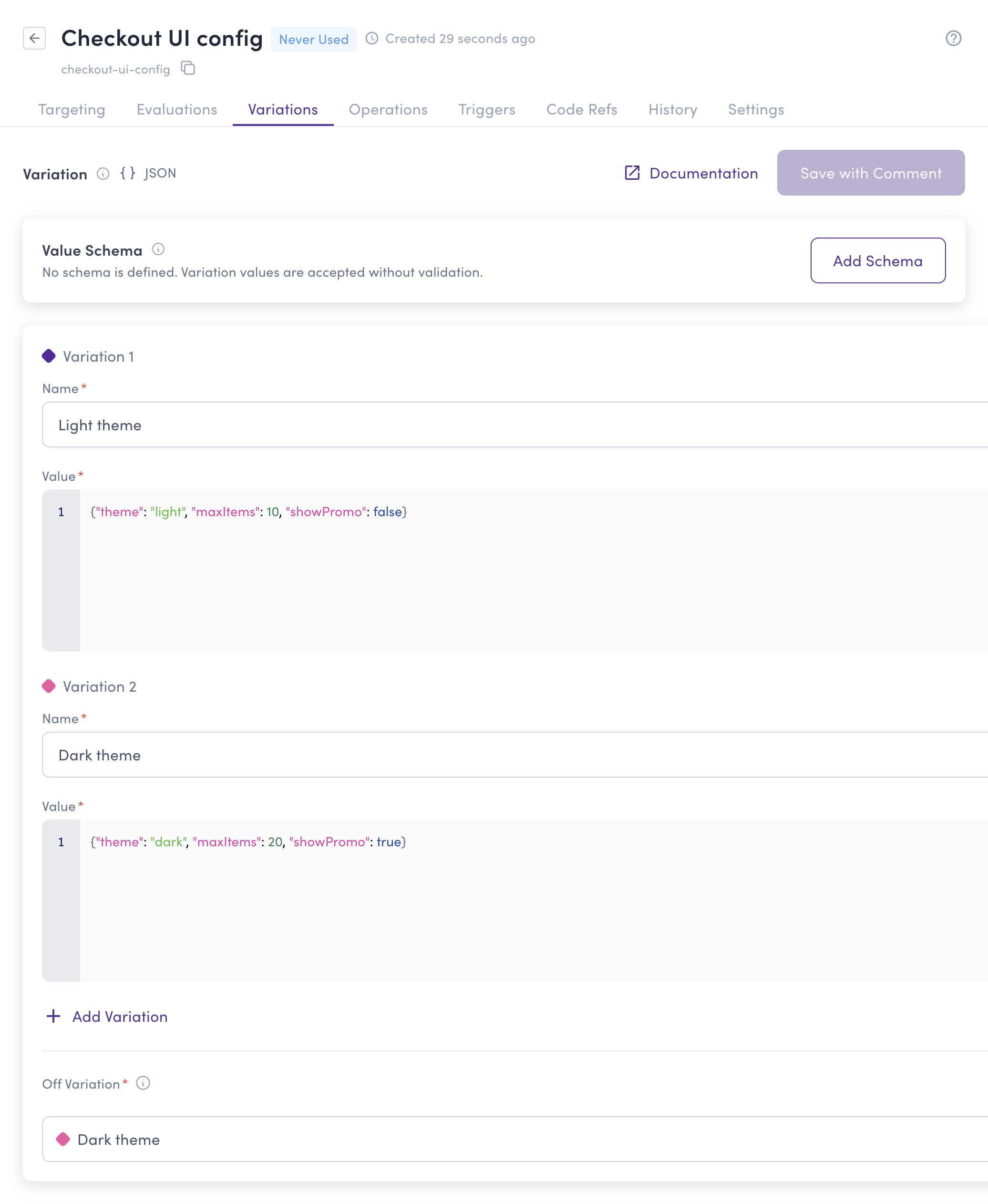 Value Schema card at the top of the Variations tab