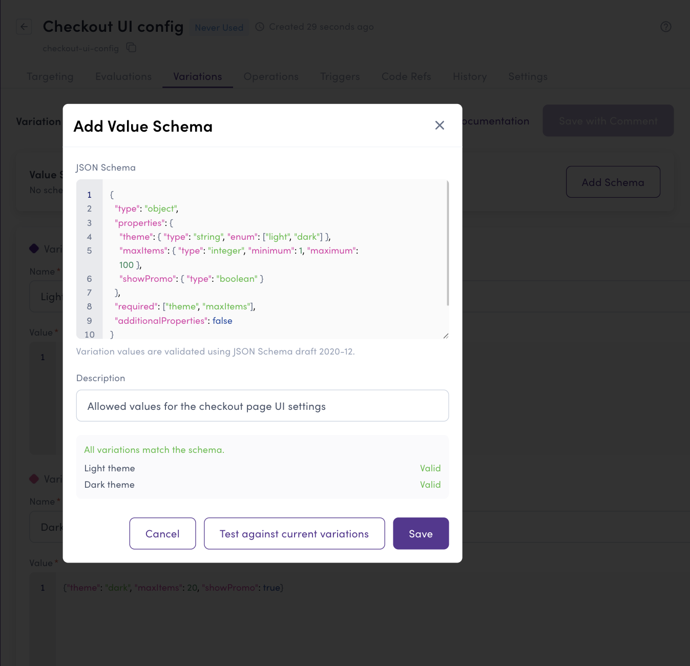 Add Value Schema dialog showing a JSON Schema and test results for each variation