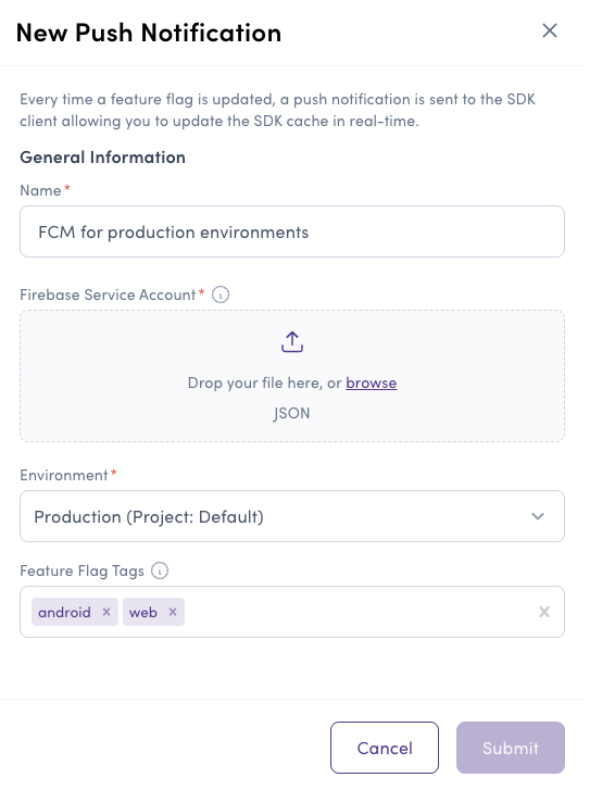 Create FCM push modal