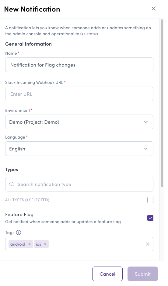 Create Slack notification modal