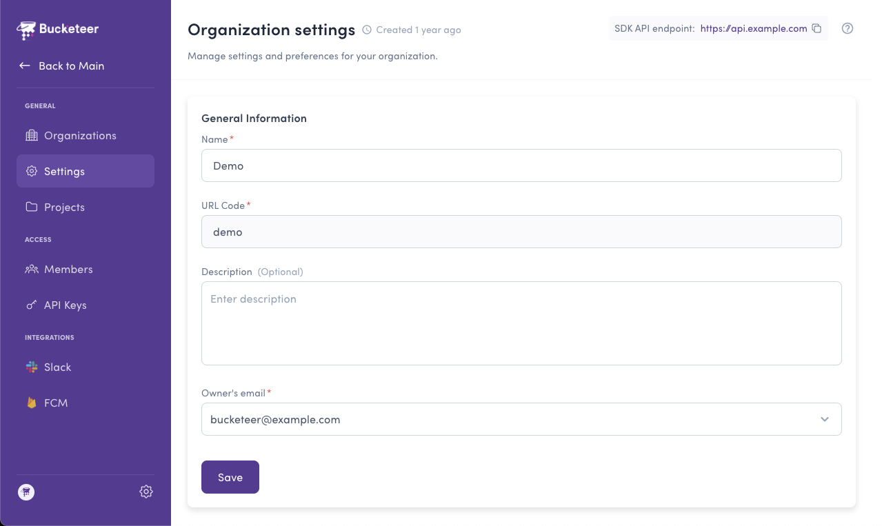 Organization settings menu